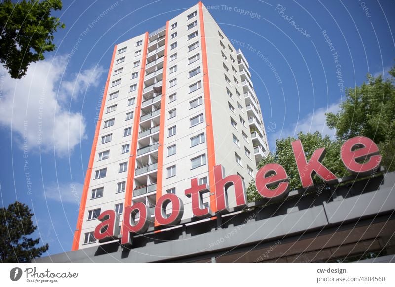 [hansa BER 2022] - Pharmacy in the idyllic residential area at Hansaplatz in Berlin Healthy Health care medicine pharma High-rise block of flats sunny