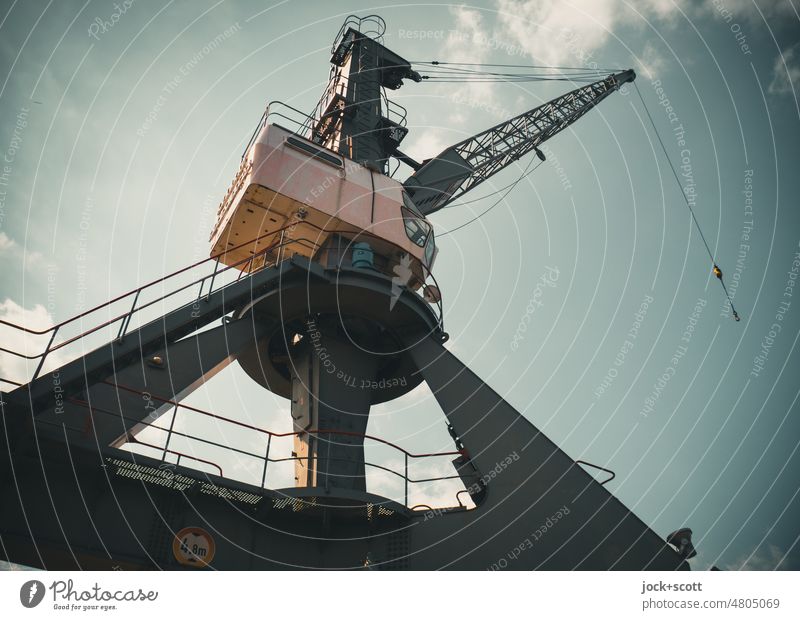 Port crane for loading and unloading ships at the quay Magdeburg Harbour Industry Worm's-eye view Dockside crane Logistics Transport Silhouette