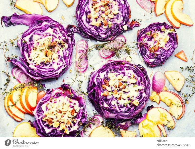 Roasted red cabbage steaks, autumn food vegan appetizer vegetarian roasted veggie vegetable diet gourmet rolled dish snack nut nutrition recipe baked homemade