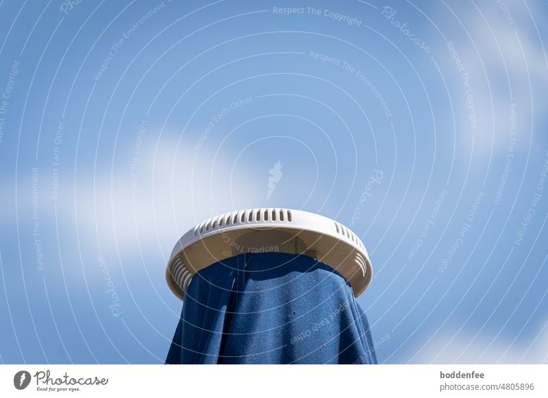 no man but the top of a big blue parasol against the blue sky with a few white clouds Blue Sunshade Sky holidays Beach Relaxation vacation