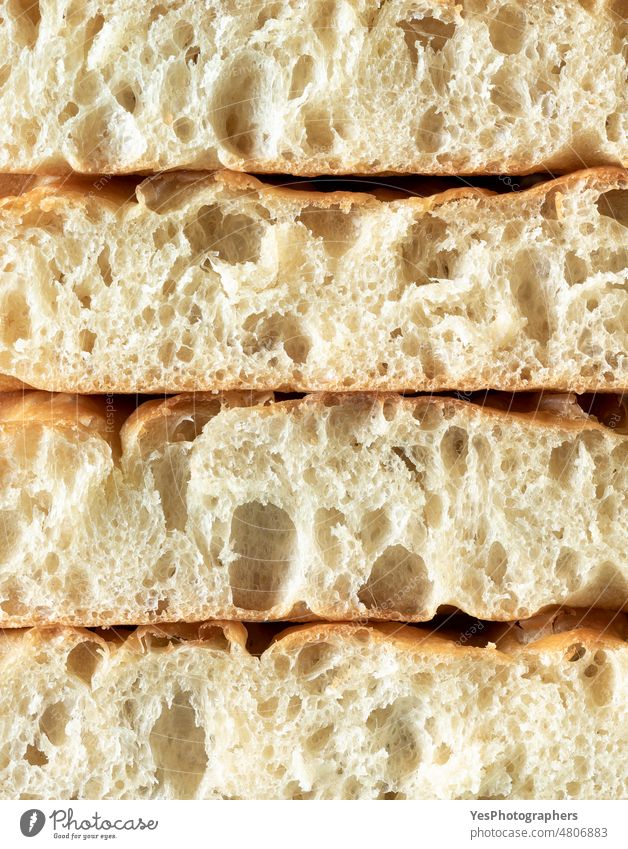 Focaccia slices close up. Sourdough bread interior appetizer backdrop background baked bakery bright brunch close-up crumb cuisine culture delicious details