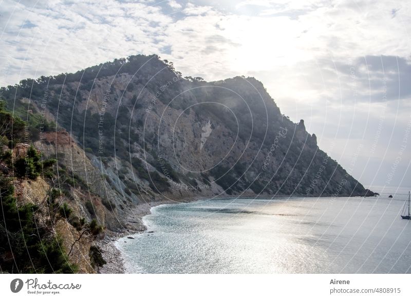 walking alone in the morning bank morning mood Panorama (View) Sunlight Morning Mediterranean sea Ocean Water Landscape Bay coast Light Elements Nature