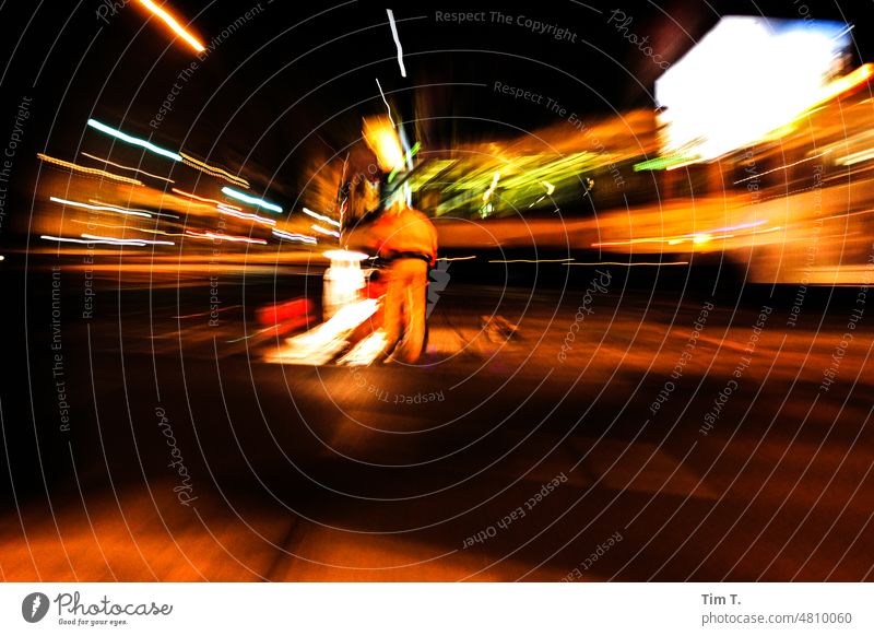 Road workers at night in Weißensee Night Lake Weißensee Colour photo Work and employment Rail transport Berlin Exterior shot Light Railroad tracks Town Downtown