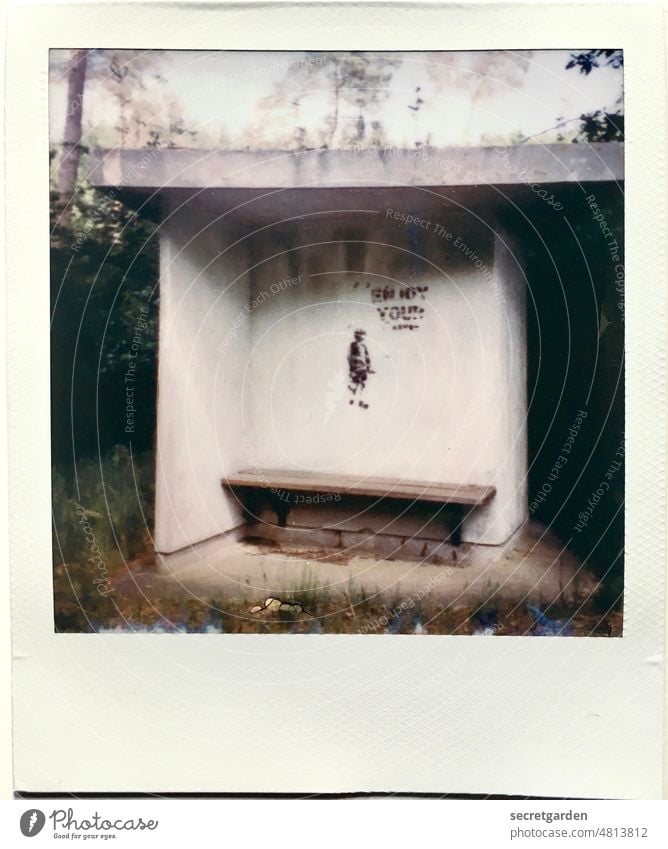 [UrbanNature HB] The bus will arrive in four and a half hours. Bus stop Graffiti Bench Wait Empty Minimalistic brutalism Architecture Exterior shot Concrete