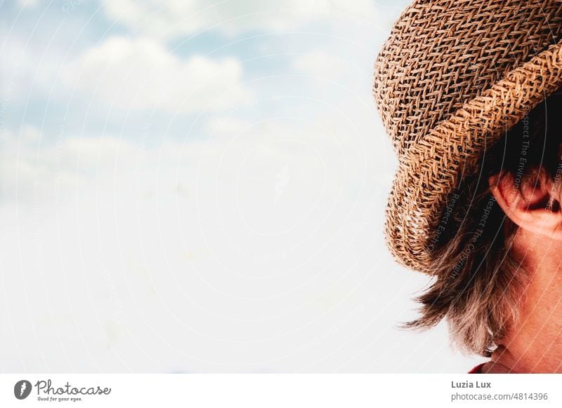 Man with straw hat in front of summer blue sky with delicate clouds Straw hat Summery Blue Blue sky Clouds Sheep Clouds Curl Sky Beautiful weather Sunlight