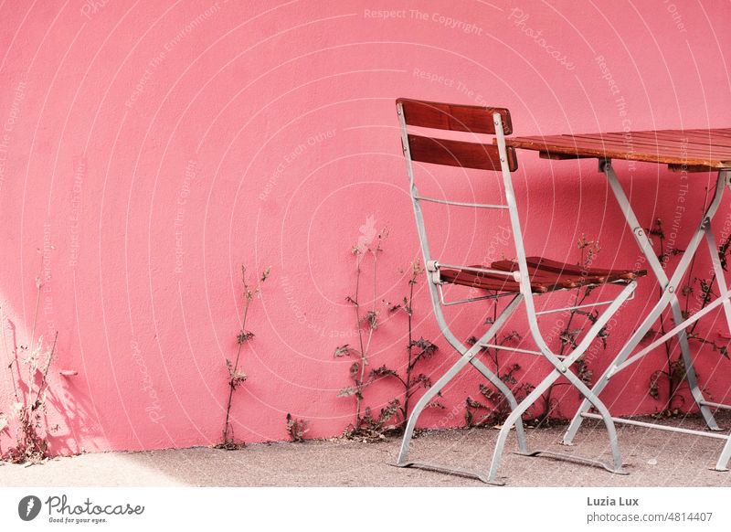 Table and chair of a street café, withering plants fight for light and water on the pink-painted wall of the house, the guests keep waiting. Town urban Pink