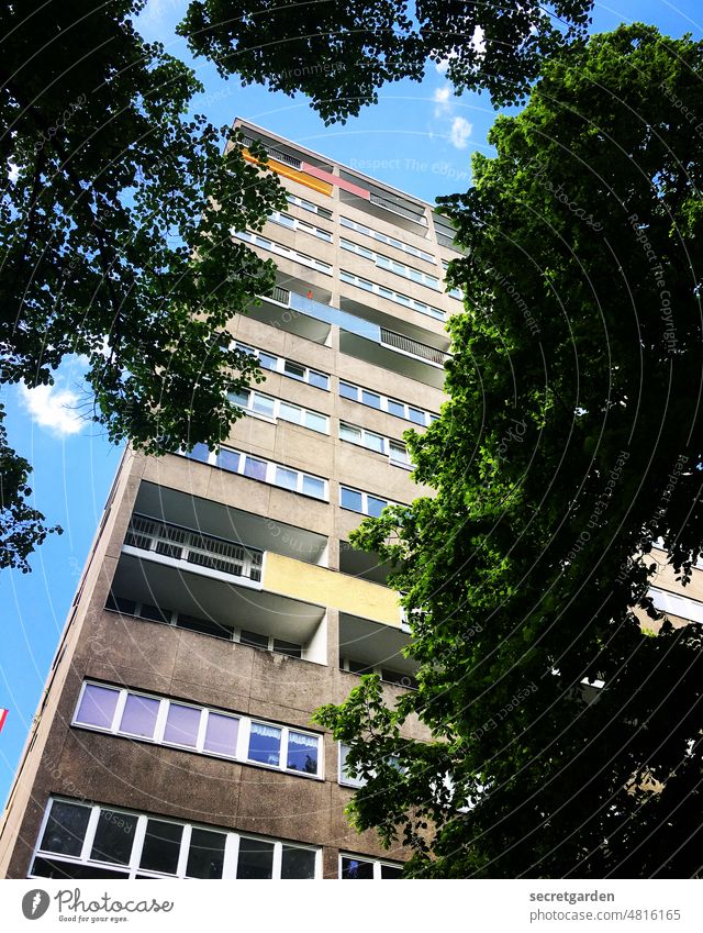 [hansa BER 2022] Living in the countryside Building Berlin trees Summer variegated colourful High-rise facade Architecture Balcony obliquely covert Tall