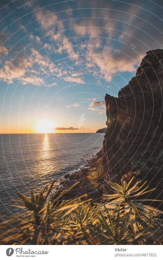 Sunset on shore of Atlantic Ocean and rocks at Ponta do Sol on the island of Madeira, Portugal. Wildlife in the Canhas region ponta do sol madeira portugal