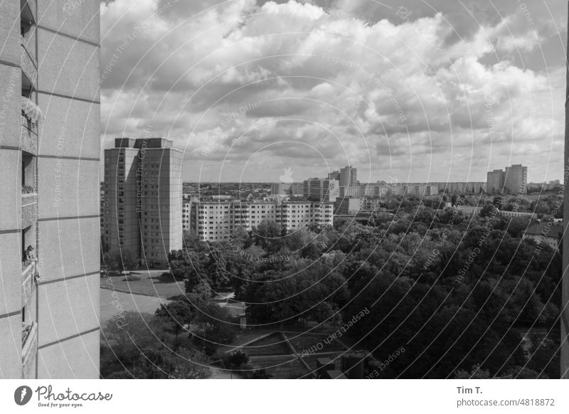 Ernst Thälmann Park from above Prenzlauer Berg b/w Prefab construction Berlin Capital city Town Downtown Day Deserted Black & white photo Exterior shot GDR