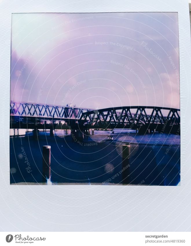 Hamburg, the city in Europe with the most bridges Bridge Polaroid Analog Mottle Frame Elbe Steel Steel bridge Steel construction Architecture Exterior shot