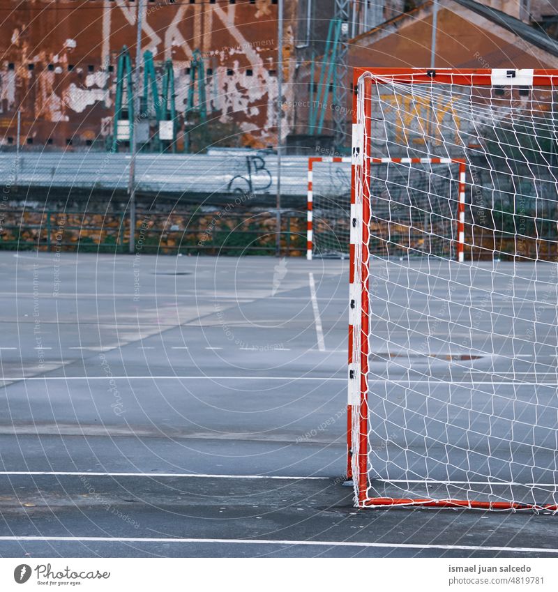 street soccer goal sports equipment rope net web football field soccer field play playing abandoned old park playground outdoors broken bilbao spain wallpaper