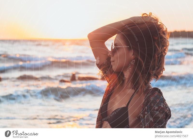 Woman enjoying sunset at the beach Khalkidhiki halkidiki Chalkidiki seaside coastline Coast Beach Beach vacation Vacation & Travel Vacation mood travel