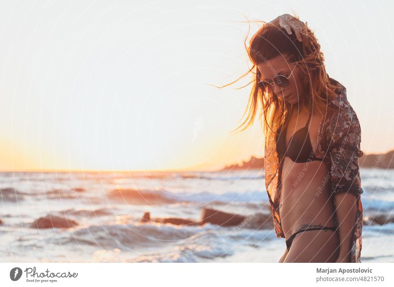 Woman enjoying sunset at the beach Khalkidhiki halkidiki Chalkidiki seaside coastline Coast Beach Beach vacation Vacation & Travel Vacation mood travel