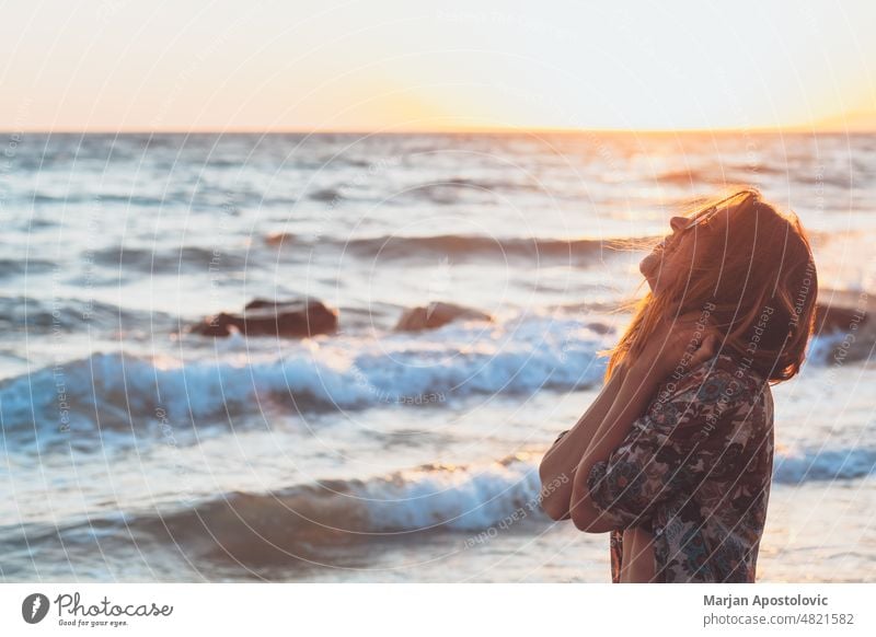 Woman enjoying sunset at the beach Khalkidhiki halkidiki Chalkidiki seaside coastline Coast Beach Beach vacation Vacation & Travel Vacation mood travel