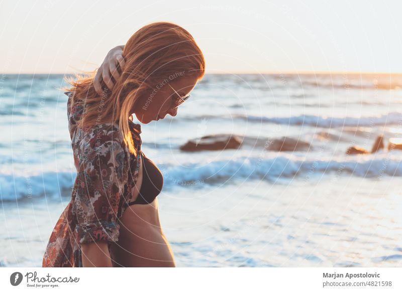 Woman enjoying sunset at the beach Khalkidhiki halkidiki Chalkidiki seaside coastline Coast Beach Beach vacation Vacation & Travel Vacation mood travel