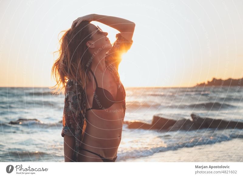 Woman enjoying sunset at the beach Khalkidhiki halkidiki Chalkidiki seaside coastline Coast Beach Beach vacation Vacation & Travel Vacation mood travel