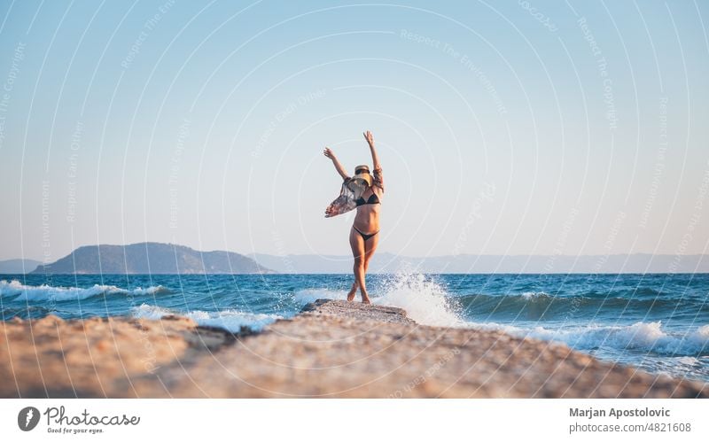 Woman enjoying sunset at the beach Khalkidhiki halkidiki Chalkidiki seaside coastline Coast Beach Beach vacation Vacation & Travel Vacation mood travel