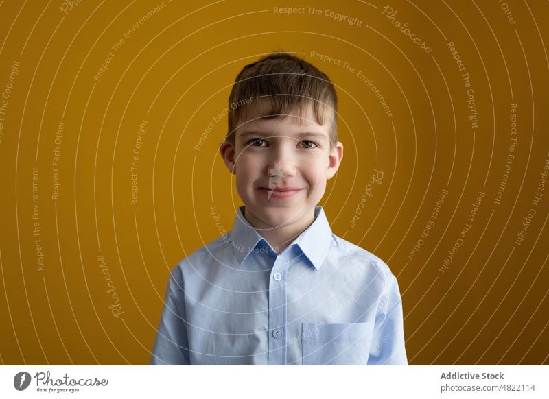 Positive boy looking at camera smile happy appearance shirt portrait colorful bright smart casual child kid glad vivid cheerful vibrant optimist satisfied