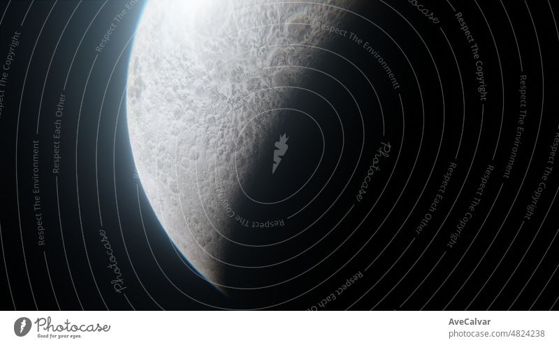 Panoramic cinematic view of the moon out in the space. Planet Moon in outer space. Elements of this image furnished.realistic moon in space, realistic moon surface, moon craters 3d render