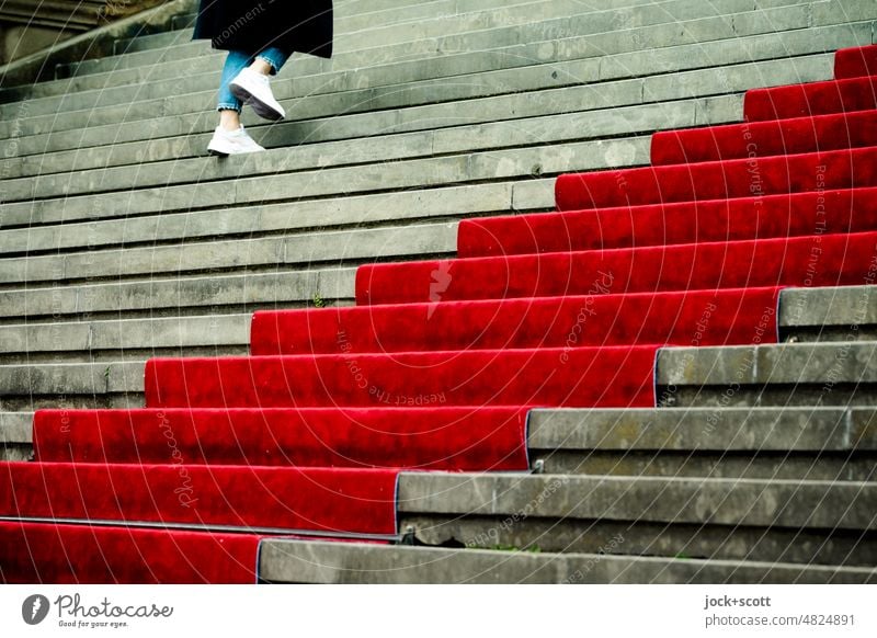 Climbing stairs, next to the red carpet Stairs Red carpet Culture Lanes & trails Pecking order Structures and shapes Architecture Symbols and metaphors Style