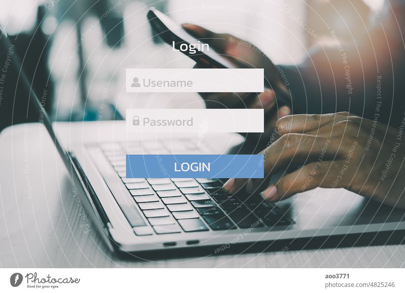 man using laptop computer and sign up or log in username password virtual touch screen. digital web account internet client record formal job entry login