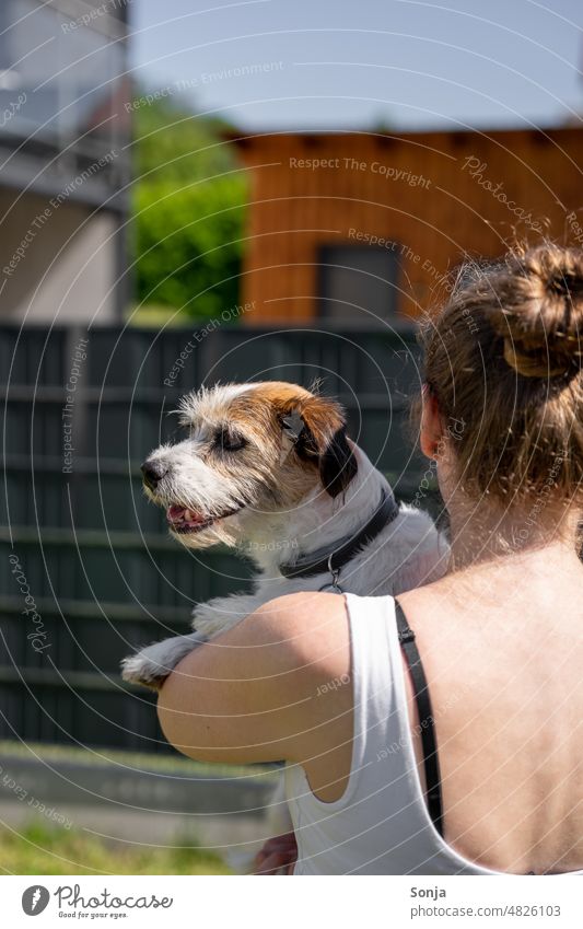 Back view of young woman with small dog on her arm Woman youthful Rear view Dog Small Terrier Pet Animal Cute Friendship Love Attachment Together Lifestyle