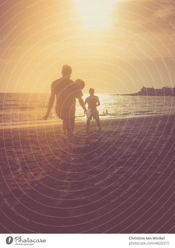 The silhouettes of two teenagers playing ball on the beach. Youth (Young adults) 2 teenagers play ball Beach Summer Ocean Water Sun Back-light Beautiful weather