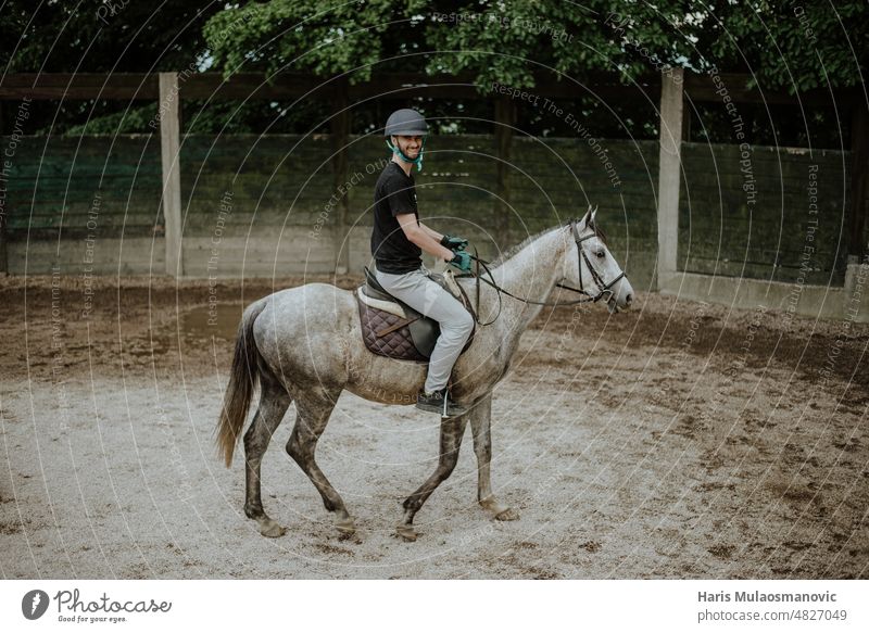 Man riding horse in paddock animal beautiful breed domestic equestrian fast fence freedom fun gallop glowing green horse riding horse riding helmet horseback