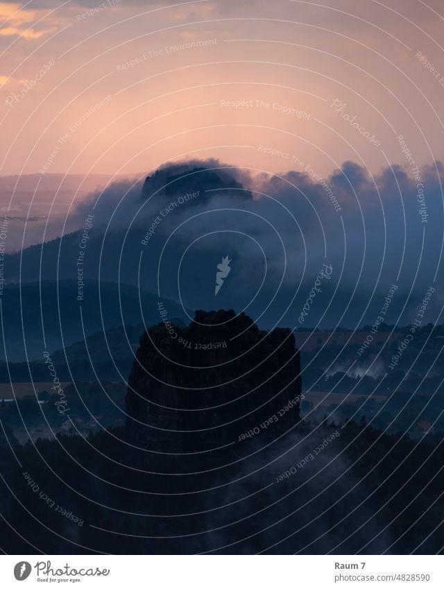 Saxon Switzerland Elbsandstone mountains Saxony Mountain Deserted Landscape Rock Nature Sunset Vantage point Panorama (View) Adventure Dusk blue hour Raincloud