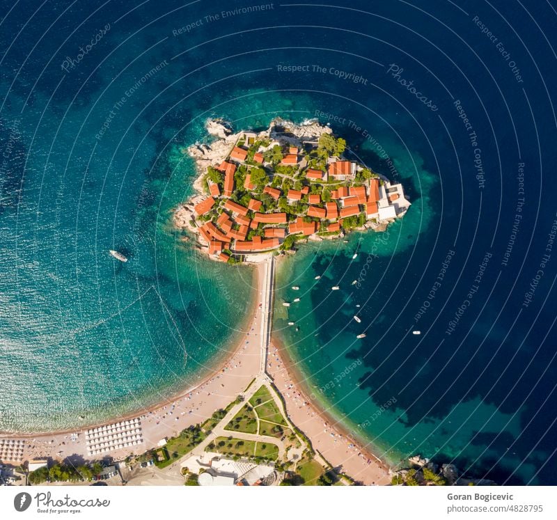 Aerial view at Sveti Stefan islet in Montenegro sveti stefan aerial beautiful adriatic sea landmark resort water coast budva tourism hotel vacation europe