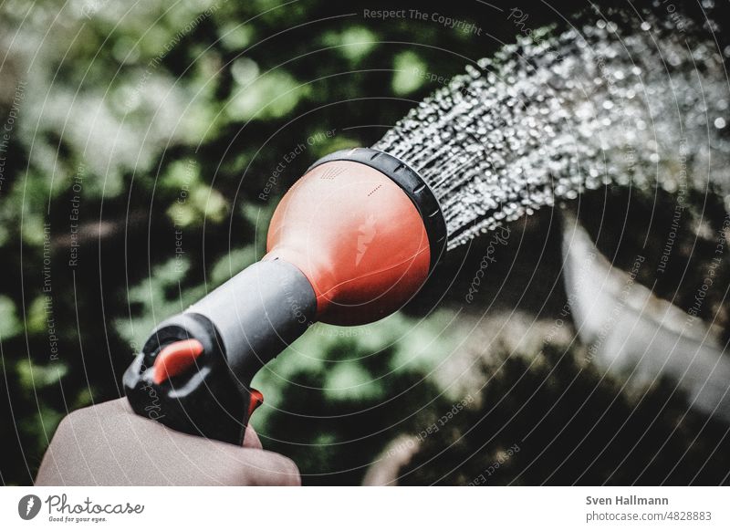 Watering flowers with a water nozzle Cast Green Garden soak Irrigation Gardening Summer Gardener Plant Spring Growth Wet Day Hose do gardening Exterior shot