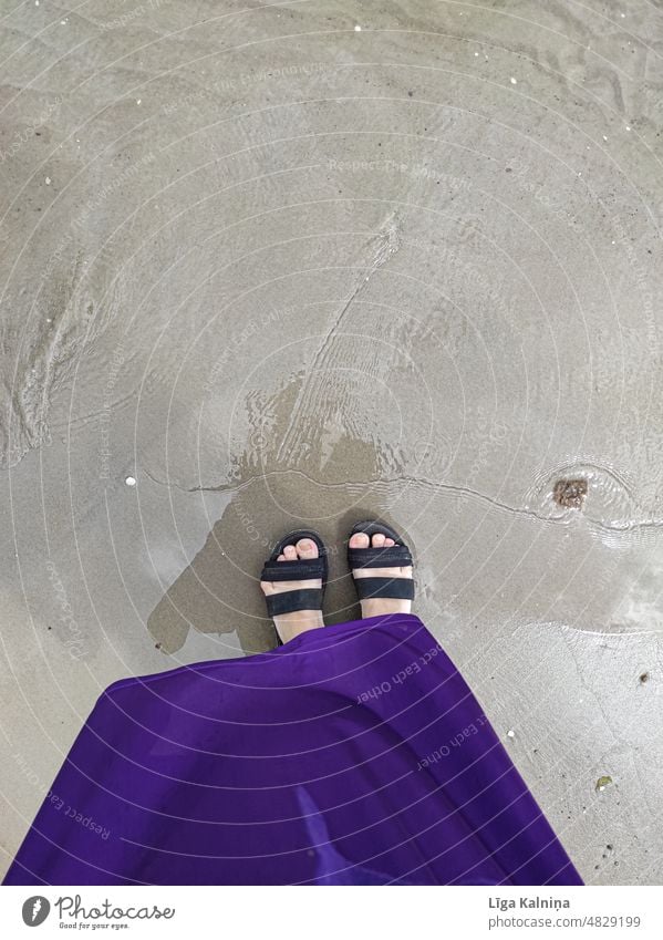 Top view of feet on sand top view Feet Legs Footwear Human being Woman Fashion Sand Wet Beach Ocean Vacation & Travel Summer Adults Barefoot Water Toes