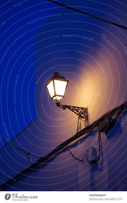 shining street lamp at night, blue hour blue hour twilight Lamp Lampshade Lamplight lamps Twilight Sky Evening Blue Sunset Light Deserted Dusk Moody Night