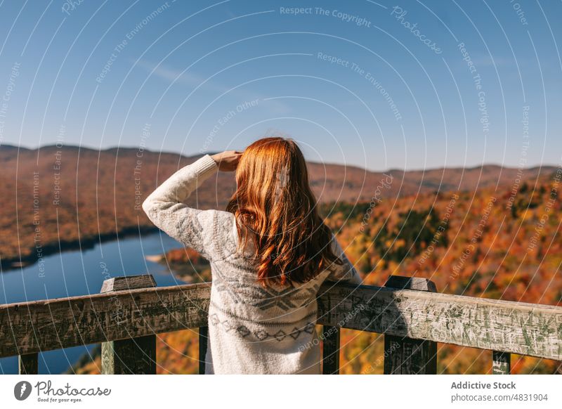 Anonymous woman traveler standing on wooden footbridge in mountainous valley forest redhead walkway sightseeing autumn tourist natural red hair landscape fall