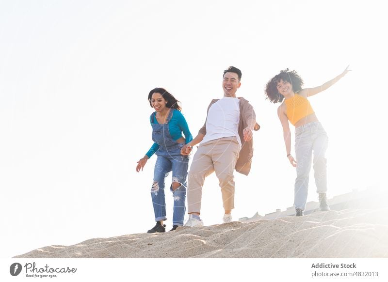 Optimistic friends standing on sandy hill beach laugh having fun weekend summer resort sunny daytime man women diverse multiracial multiethnic black