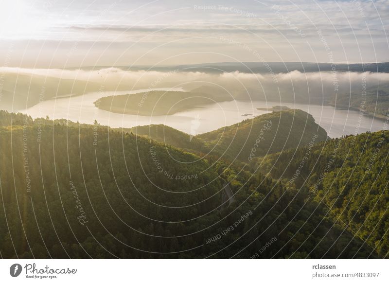 Lake Rursee at the morning, Eifel Germany eifel aerial blue drone green lake landscape mountain nature river rur rursee sky summer clouds sunrise sunset tourism