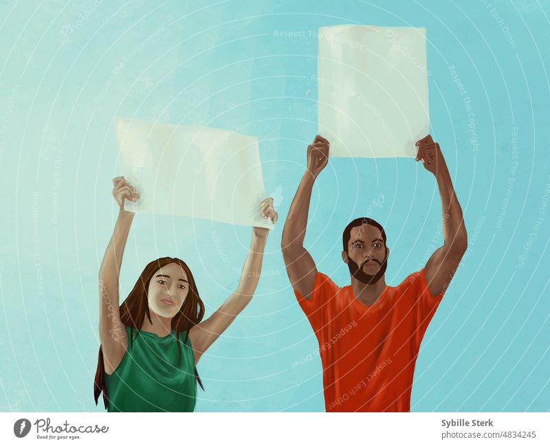 Two people with placards over their head (man and woman) asian black black man asian woman Demonstration demonstrations protest sign human rights equality