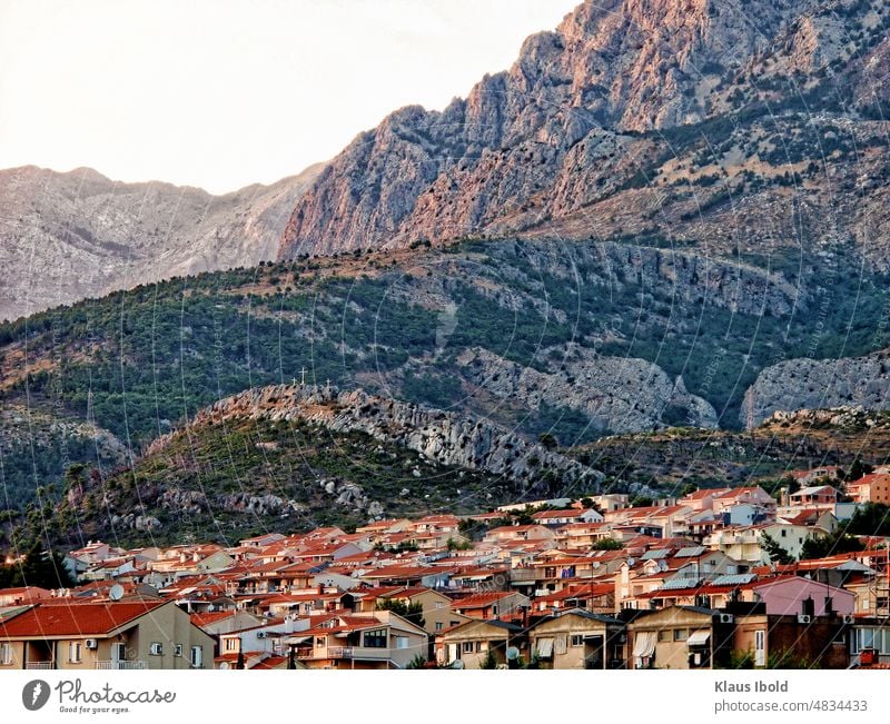 Makarska with Biokova mountains Croatia voyage travel Mountain Vacation & Travel Tourism roofs houses sea of houses Exterior shot Landscape Deserted Rock Sunset