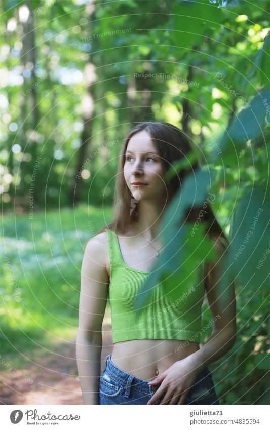 Summer portrait of long haired teen girl with belly top in nature Human being Young woman Youth (Young adults) teenager Girl Exterior shot Love of nature