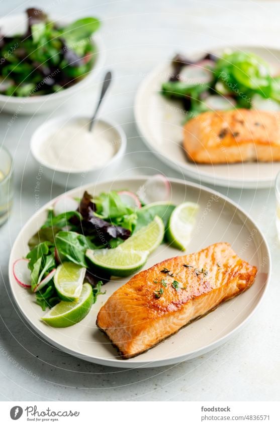 Grilled salmon fillet and fresh vegetable salad. Mediterranean diet. cooked dinner dish eating filet fish food fried green grill grilled healthy leaf lemon