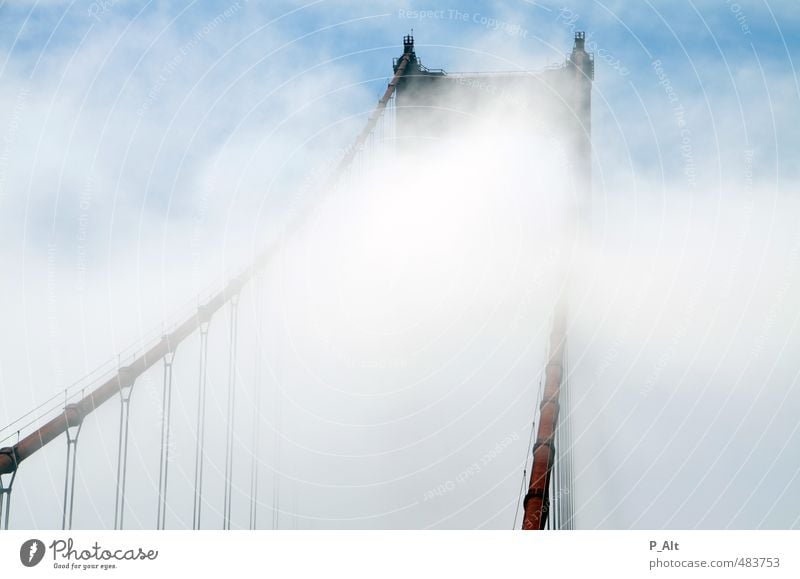 Heaven's Gate Bridge Building Tourist Attraction Landmark Golden Gate Bridge Esthetic Famousness Bright Tall Red Fog Clouds Wind Harbour Colour photo