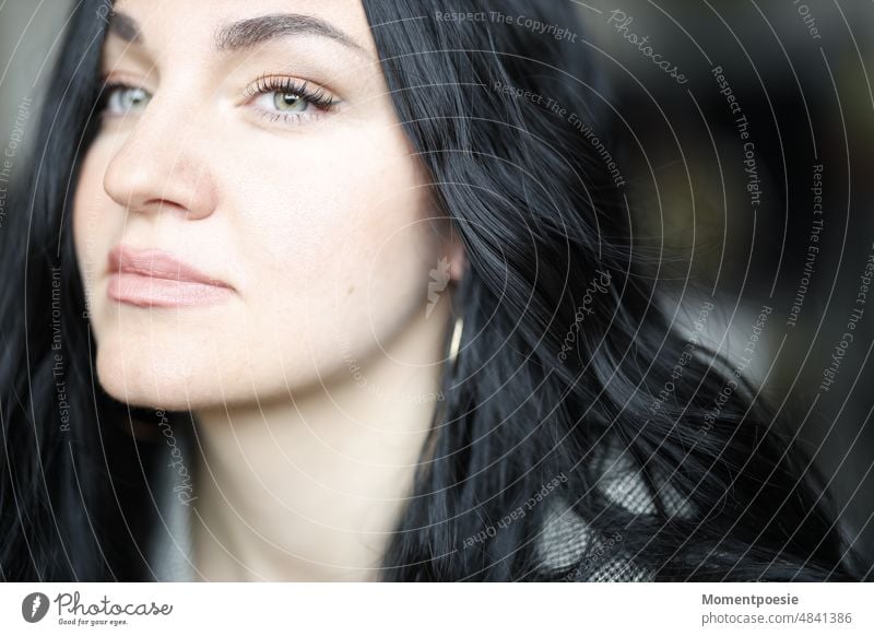 Longing in her eyes inquisitorial Woman Black-haired Long-haired pale Snow White green eyes blue eyes pretty portrait Face Human being Feminine Young woman