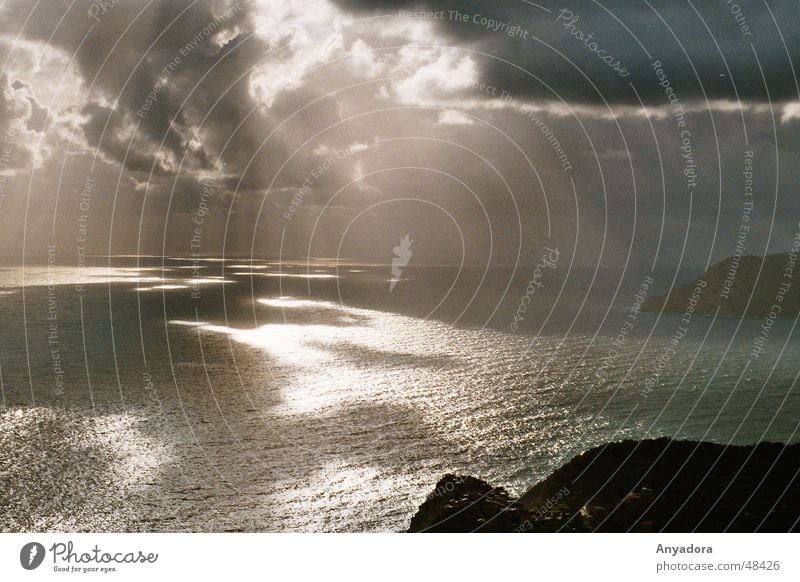 Rainy day at the Mediterranean Sea Ocean Bird's-eye view Clouds Promontory Moody Dark Italy Liguria Lake Grief Sun Evening Mediterranean sea Water Sky Sadness