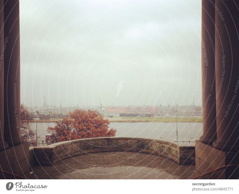 beginning of autumn Szczecin Oder River Autumn Building Architecture foggy Dreary Bad weather Vantage point Harbour Horizon Negative columns Historic Sky