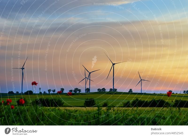 Windmill turbines at sunset, Wind energy concept wind windmill farm alternative energy generation sunrise generator factory sunlight background dusk electricity