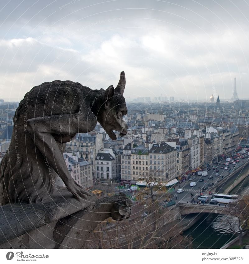 grotesque observer Work of art Sculpture Paris France Europe Capital city Downtown Skyline House (Residential Structure) Church Cathedral Facade