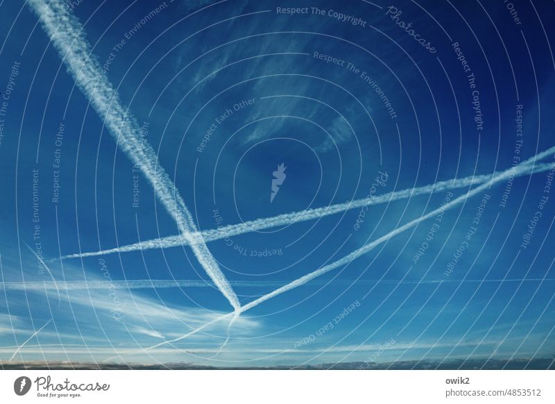 pointing towards the sky Aviation Vapor trail Line Above Crucifix Exterior shot Colour photo Copy Space Harmful substance environmental impact Exhaust gas Jet