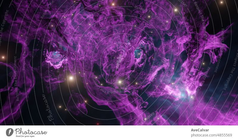 Space background wallpaper with nebula and stars, cosmic dust, cosmic gas clusters and constellations in deep space. Colored fluid powder. 3D Illustration. Copy space future and artistic concept