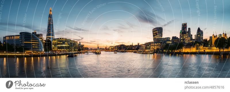 London Cityscape panorama at sunset, seen from Tower Bridge architecture blue bridge britain british building business capital city cityscape council