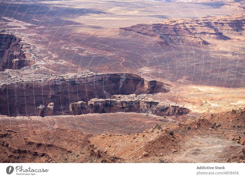 Scenic from above view of mountain canyonlands cliffs utah national park landscape travel desert usa outdoors nature monument aerial arid wilderness stone brown